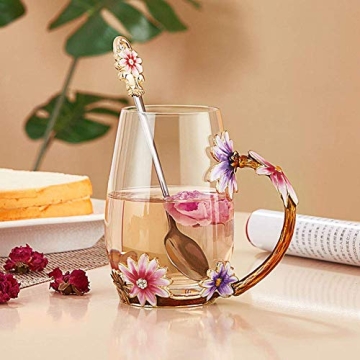 Luka Tech Enamel flower Lead-free Glass Coffee Mugs Tea Cup with Steel Spoon, Best Birthday Gifts For Women