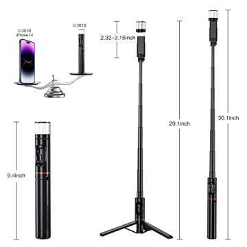 Selfie Stick Tripod with Detachable Wireless Remote, ESSAGER 30" Portable Foldable Mini Selfie Stick...