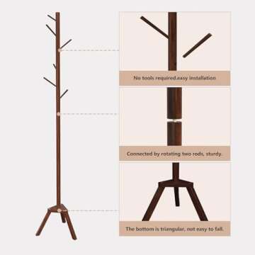 Sywhitta Coat Rack Stand, Premium Bamboo Free Standing Coat Rack with 6 Hooks, Easy Installation Clothes Hanger Stand