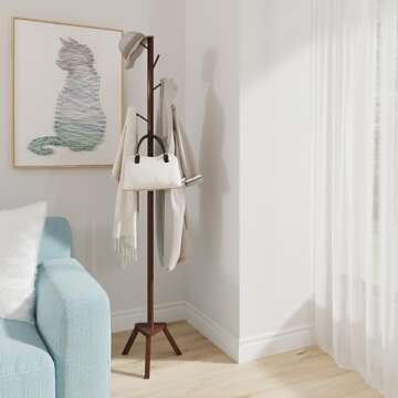 Sywhitta Coat Rack Stand, Premium Bamboo Free Standing Coat Rack with 6 Hooks, Easy Installation Clothes Hanger Stand