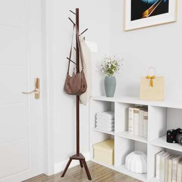 Sywhitta Coat Rack Stand, Premium Bamboo Free Standing Coat Rack with 6 Hooks, Easy Installation Clothes Hanger Stand