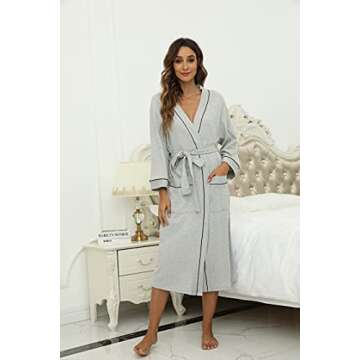 HEARTNICE Womens Cotton Robe, Soft Kimono Spa Knit Long Bathrobe Lightweight Loungewear(Grey mel.,S)