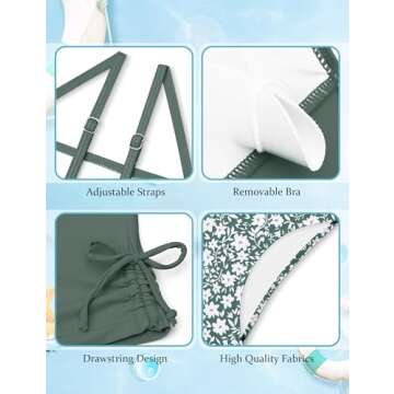 Queenstyle Girls Swimsuit Size 8 10 Girls Bathing Suits Size 8-10 Girls Tankini Set Green Floral High Waist Bottom Girls' Swimwear with Drawstring