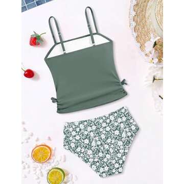 Queenstyle Girls Swimsuit Size 8 10 Girls Bathing Suits Size 8-10 Girls Tankini Set Green Floral High Waist Bottom Girls' Swimwear with Drawstring