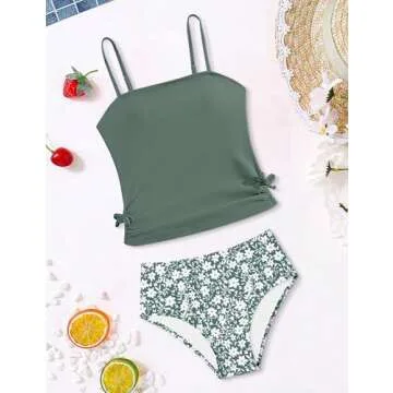 Queenstyle Girls Swimsuit Size 8 10 Girls Bathing Suits Size 8-10 Girls Tankini Set Green Floral High Waist Bottom Girls' Swimwear with Drawstring