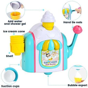 Baby Bath Toys, Ice Cream Bubble Machine Toddler Bath Tub Shower Toys with Hooks, Bath Toys for Kids Ages 1-2-3-4 Toddlers Ages 6-12-18 Month
