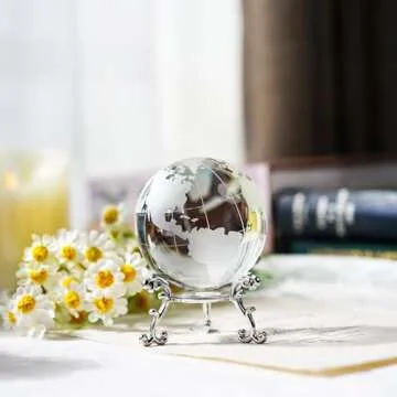 60mm World Globe Crystal Earth Ball Paperweight with Stand Glass Sphere Display Globe Ball Christmas Decor for Home Office Desk