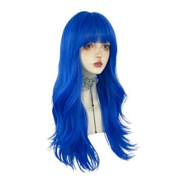 WKLOUYHE Blue Long Wavy Wigs with Bangs for Women Loose Wavy Wig Curly Wavy Synthetic Cosplay Wig fo...