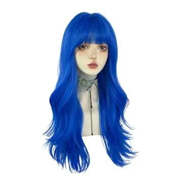 WKLOUYHE Long Wavy Blue Wig with Bangs - Stylish and Comfortable