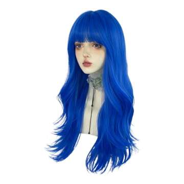 WKLOUYHE Blue Long Wavy Wigs with Bangs for Women Loose Wavy Wig Curly Wavy Synthetic Cosplay Wig for Girl Colorful Costume Wigs