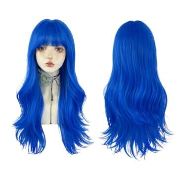 WKLOUYHE Blue Long Wavy Wigs with Bangs for Women Loose Wavy Wig Curly Wavy Synthetic Cosplay Wig for Girl Colorful Costume Wigs