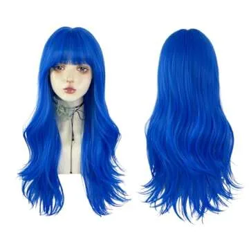 WKLOUYHE Long Wavy Blue Wig with Bangs - Stylish and Comfortable