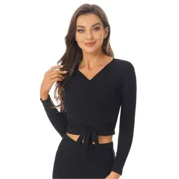 YEAHDOR Women's Self Tie Long Sleeve Ballet Dance Wrap Top V Neck Crochet Tops Gym Yoga Sport Cover Up