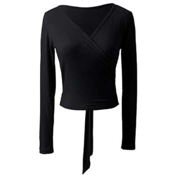 YEAHDOR Women's Self Tie Long Sleeve Ballet Dance Wrap Top V Neck Crochet Tops Gym Yoga Sport Cover Up