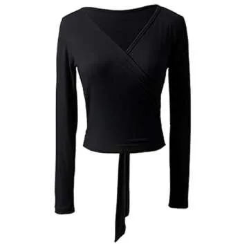 YEAHDOR Women's Self Tie Long Sleeve Ballet Dance Wrap Top V Neck Crochet Tops Gym Yoga Sport Cover Up