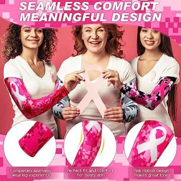 Geyoga 3 Pairs Breast Cancer Awareness Sleeves Pink Ribbon Arm Sleeves Cooling Compression Arm Covers UV Protection (Classic Colors)