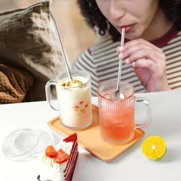 Glass Coffee Mugs Clear Mug - 13 Oz Ribbed Mugs Classical Vertical Stripes Glass Tea Cups With Lids Set of 4 - Elegant Lovely Present for Anniversary Weddings Christmas Birthday