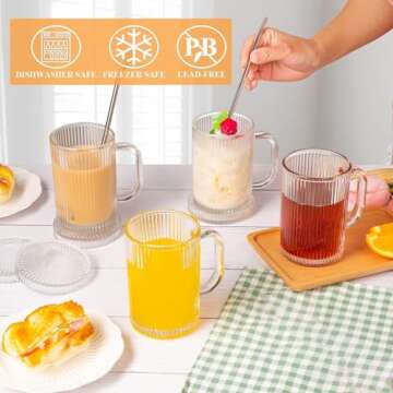 Glass Coffee Mugs Clear Mug - 13 Oz Ribbed Mugs Classical Vertical Stripes Glass Tea Cups With Lids Set of 4 - Elegant Lovely Present for Anniversary Weddings Christmas Birthday