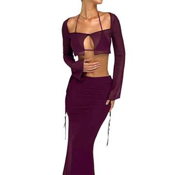 Kimsummerja Sexy Two Piece Outfits for Women Skirt Summer 2 Piece Maxi Dress Crop Top Skirt Set Beachwear Cover Up (Dark Purple , M )