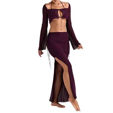 Kimsummerja Sexy Two Piece Outfits for Women Skirt Summer 2 Piece Maxi Dress Crop Top Skirt Set Beachwear Cover Up (Dark Purple , M )