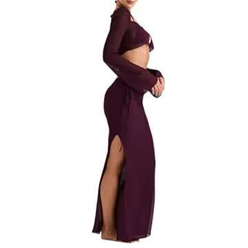 Kimsummerja Sexy Two Piece Outfits for Women Skirt Summer 2 Piece Maxi Dress Crop Top Skirt Set Beachwear Cover Up (Dark Purple , M )