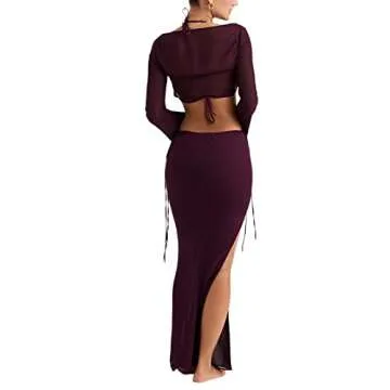 Kimsummerja Sexy Two Piece Outfits for Women Skirt Summer 2 Piece Maxi Dress Crop Top Skirt Set Beachwear Cover Up (Dark Purple , M )