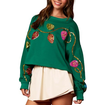 Adoeren Women Christmas Cropped Sweatshirt Sequin Sparkly Colorful Funny Santa Long Sleeve Crewneck ...