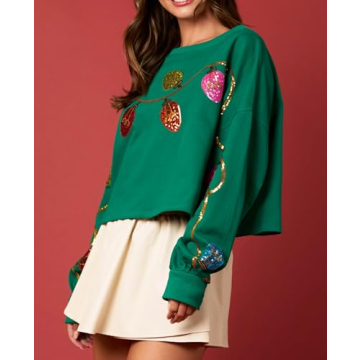 Adoeren Women Christmas Cropped Sweatshirt Sequin Sparkly Colorful Funny Santa Long Sleeve Crewneck Pullover Glitter Xmas Holiday Crop Top(Lights Green,L)