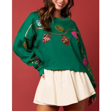 Adoeren Women Christmas Cropped Sweatshirt Sequin Sparkly Colorful Funny Santa Long Sleeve Crewneck Pullover Glitter Xmas Holiday Crop Top(Lights Green,L)
