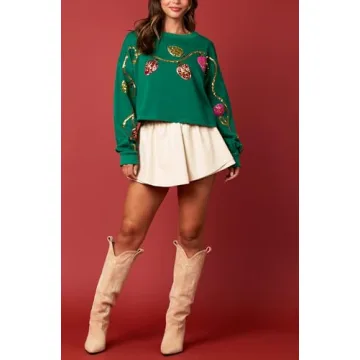 Adoeren Women Christmas Cropped Sweatshirt Sequin Sparkly Colorful Funny Santa Long Sleeve Crewneck Pullover Glitter Xmas Holiday Crop Top(Lights Green,L)