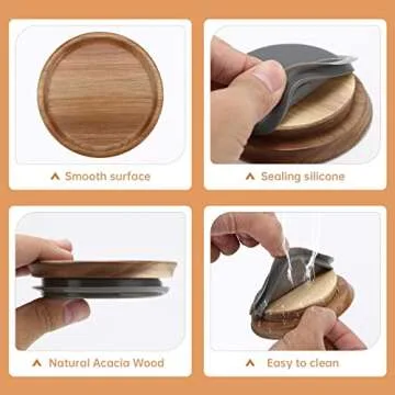 6 Pack Wide Mouth Mason Jar Lids Reusable canning lids Acacia Wooden mason jar Lids with Airtight Silicone Seal, Brown (6PCS Wide Lids)