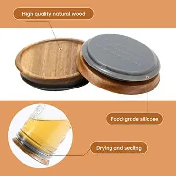 6 Pack Wide Mouth Mason Jar Lids Reusable canning lids Acacia Wooden mason jar Lids with Airtight Silicone Seal, Brown (6PCS Wide Lids)