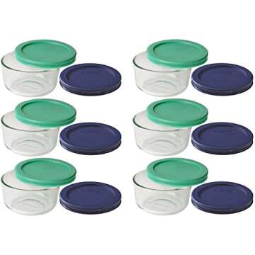 Pyrex Storage 1 Cup Round Dish, Clear with Green + Blue, Pack of 6, Lids