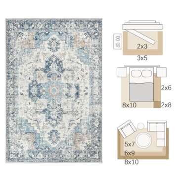 jinchan Area Rug 8x10 Washable Living Room Rug Vintage Indoor Large Floor Cover Distressed Lightweight Non-Slip Low Pile Thin Mat Accent Stain Resistant Carpet for Bedroom Dining Room Office Blue