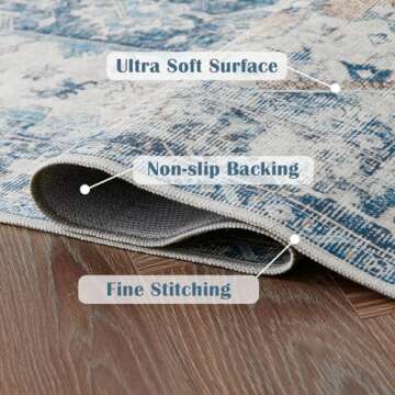 jinchan Area Rug 8x10 Washable Living Room Rug Vintage Indoor Large Floor Cover Distressed Lightweight Non-Slip Low Pile Thin Mat Accent Stain Resistant Carpet for Bedroom Dining Room Office Blue