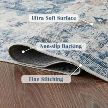 jinchan Area Rug 8x10 Washable Living Room Rug Vintage Indoor Large Floor Cover Distressed Lightweight Non-Slip Low Pile Thin Mat Accent Stain Resistant Carpet for Bedroom Dining Room Office Blue