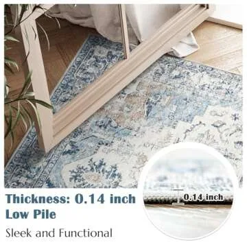 jinchan Area Rug 8x10 Washable Living Room Rug Vintage Indoor Large Floor Cover Distressed Lightweight Non-Slip Low Pile Thin Mat Accent Stain Resistant Carpet for Bedroom Dining Room Office Blue