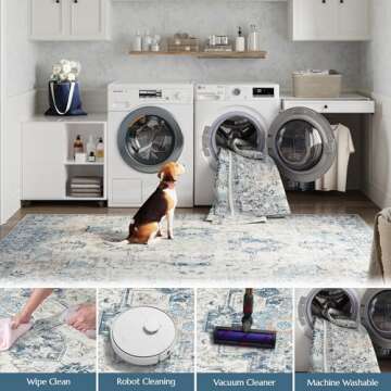 jinchan Area Rug 8x10 Washable Living Room Rug Vintage Indoor Large Floor Cover Distressed Lightweight Non-Slip Low Pile Thin Mat Accent Stain Resistant Carpet for Bedroom Dining Room Office Blue