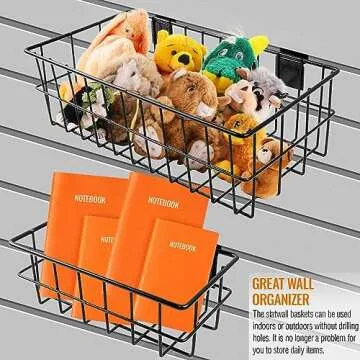 2 Pcs Slatwall Baskets Ventilated Metal Wall Basket Set Mounted Storage Baskets(13.5 Inch, 8.1 Inch), Hanging Slatwall Accessories for Storage Display on Bedroom, Shop, Garage Slatwall Panels