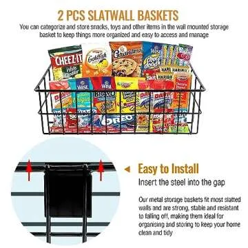 2 Pcs Slatwall Baskets Ventilated Metal Wall Basket Set Mounted Storage Baskets(13.5 Inch, 8.1 Inch), Hanging Slatwall Accessories for Storage Display on Bedroom, Shop, Garage Slatwall Panels