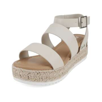Soda Top Shoe Bryce Open Toe Buckle Ankle Strap Espadrilles Flatform Wedge Casual Sanda (Ivory Pu, U...