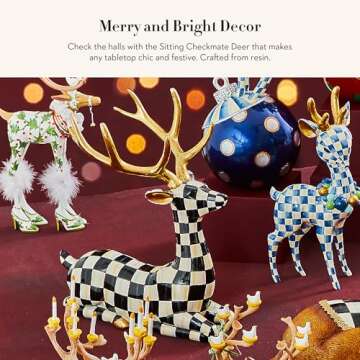MACKENZIE-CHILDS Checkmate Deer Statue, Black-and-White Christmas Deer Decor, Sitting