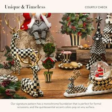 MACKENZIE-CHILDS Checkmate Deer Statue, Black-and-White Christmas Deer Decor, Sitting