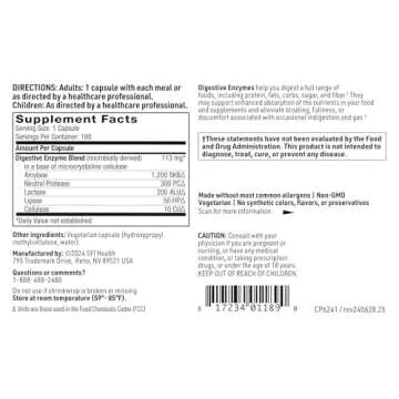 Klaire Labs SFI Health Digestive Enzymes - Gut Health Supplements with Amylase, Protease, Lactase, Cellulase & Lipase Enzymes for Digestion - Supports Occasional Bloating & Gas (180 Capsules)