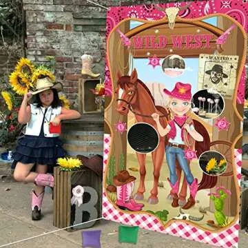 Cowgirl Toss Game, Western Cowgirl Cowboy Game Backdrop Pink with 3 Bean Bags for Kids, Wild West Last Rodeo Cowgirl Birthday Bachelorette Party Decorations Outdoor Indoor Games Family Class Activity