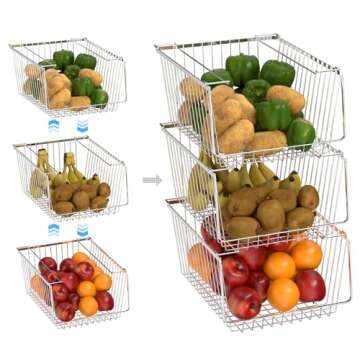 blitzlabs Wire Storage Baskets Stackable Organizer Basket Bins Stacking Household Wire Baskets with Handles Storage Organization for Kitchen, Pantry, Bathroom, Cabinets, Closets, Bedrooms, Set of 2