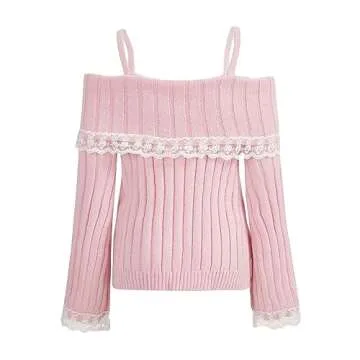 Women Pink Off Shoulder Top Y2K Long Sleeve Lace Trim Knit Shirt Fashion Cute Solid Pullover Sweater(A-Pink Shirt,S)