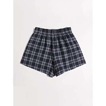 MakeMeChic Women's Elastic Waisted Plaid Shorts Lounge Pajama Shorts Navy Blue M