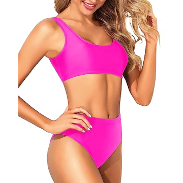 Hot Pink Two Piece Bikini Sporty Flattering Swimwear