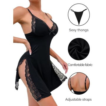 Foxiny Petite Sexy Floral Lace Trim Full Slip Night Gown Babydoll Lingerie Dress with Thong 2 Piece ...